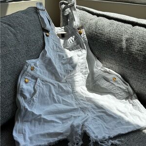 White Denim Overalls with Gold Buttons
